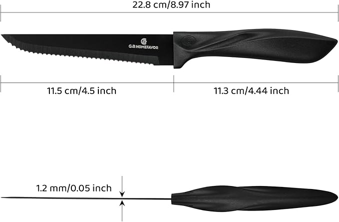G.a HOMEFAVOR Steak Knife Set: 8-Piece Stainless Steel Sharp Serrated Knives Set for Kitchen, Full Black