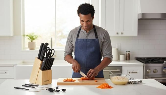 Farberware 22-Piece Never Needs Sharpening Triple Rivet High-Carbon Stainless Steel Knife Block and Kitchen Tool Set, Black, Durable ANDPrecision Cutlery