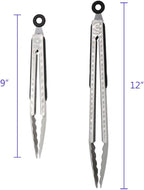 304 Stainless Steel Kitchen Cooking Tongs, 9" and 12" Set of 2 Sturdy Grilling Barbeque Brushed Locking Food Tongs with Ergonomic Grip, Black