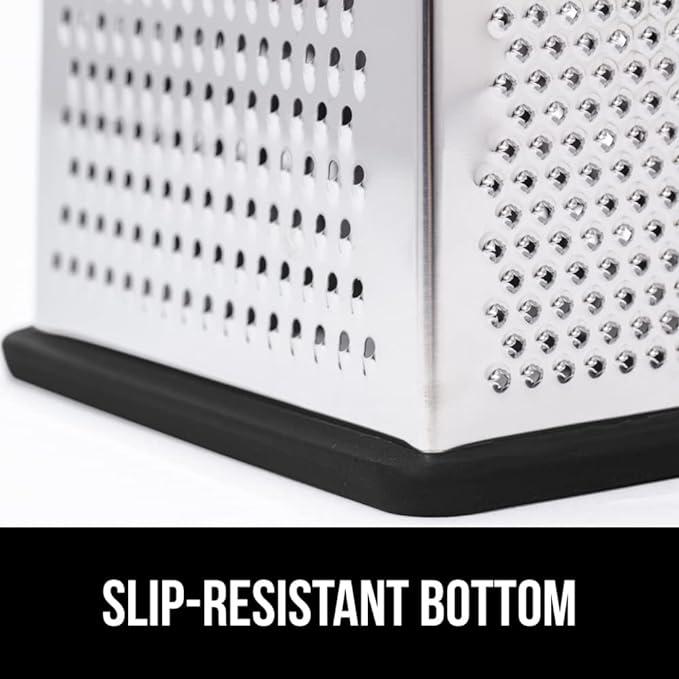 GORILLA GRIP XL 4-Sided Cheese Grater With Container, 100% BPA-Free Stainless Steel Box Graters, Parmesan Shredder, Grate Cheeses, Shred Veggies, Slip Resistant Handle, Dishwasher Safe Zester, Black
