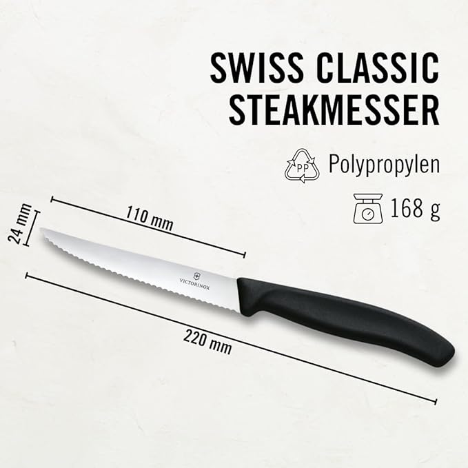 Victorinox 6.7233.6 Swiss Classic Steak Knife Set Ideal for Slicing a Wide Variety of Steak Cuts Serrated Blade in Black, Set of 6