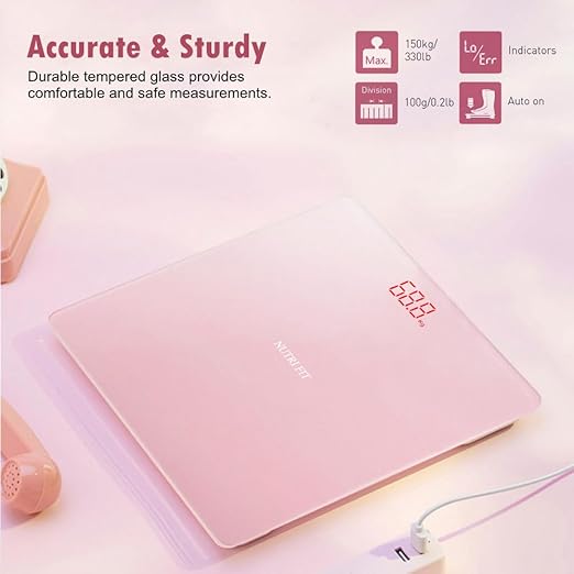NUTRI FIT Digital Scale for Body Weight, Precision Bathroom Weighing Scale Step-On Technology High Capacity - 330 lb, LED Display with High Precision Measurements, Pink