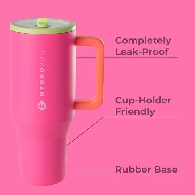 HydroJug Traveler - 40 oz Water Bottle with Handle & Flip Straw - Fits in Cup Holder, Leak Resistant Tumbler-Reusable Insulated Stainless Steel & Rubber Base - Gifts for Women & Men, Orchid