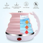 Upgrade Travel Kettle, ShineMe Food Grade Silicone Dual Voltage 110-220V Ultrathin Portable Electric Water Kettle with Cup, Universal Adaptor and Detachable Power Cord, 555ML (Pink)