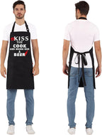 Grilling Apron - KISS THE COOK AND BRING HIM A BEER - Funny BBQ Aprons for Men Women Chef, Adjustable Kitchen Bib Apron with 2 Pockets and 40" Long Ties, Perfect for Cooking, Baking - Black
