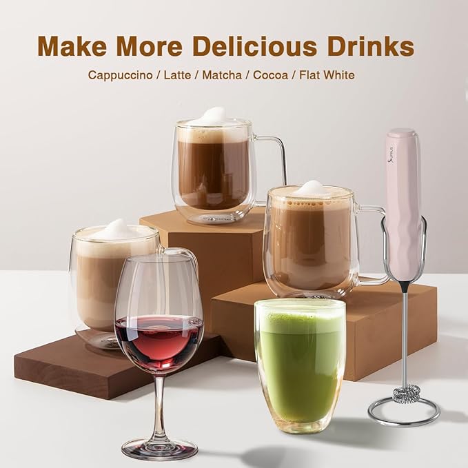 SUPRUS Ultra Fast Handheld Milk Frother Double Whisk with Stand 2 Batteries Stainless Steel for Lattes Cappuccino Matcha Hot Chocolate Coffee Bar Accessories Kitchen Gadgets Gift