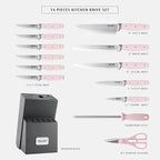 hecef Kitchen Knife Block Set, 14 Pieces Knife Set with Wooden Block & Sharpener Steel & All-purpose Scissors, High Carbon Stainless Steel Cutlery Set (Pink)