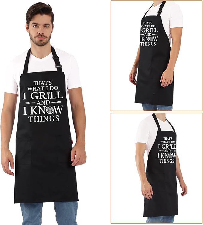 Funny Grilling Aprons for Men - BBQ Cooking Apron with 2 Pockets, Adjustable Neck Strap and 40" Long Ties - That's What I Do I Grill and I Know Things