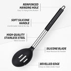 Pack of 2 Large Silicone Cooking Spoons, Non-Stick Stainless Steel Slotted and Solid Spoon Set for Serving, Mixing, Draining, Heat Resistant, Scratch Resistant and BPA Free Kitchen Scoops (Black)