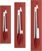 Red Stainless Steel Tongs Heat Resistant Kitchen Tongs Set - 7", 9" & 12" Inch, BBQ Tongs with Silicone Tip, Strong Grip for Cooking, Salad Tossing,Air Fryer, &Grill Tongs- Pull Lock, Red - Set of 3
