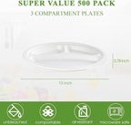 Vplus 100% Compostable Paper Plates, 500 Pack 10 Inch 3 Compartment Plates Disposable, Heavy Duty Biodegradable, Made of Sugar Cane Fibers, for Daily meals, Dinner, Parties, BBQ