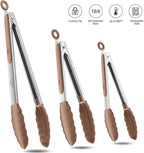 600ºF Heat Resistant Kitchen Tongs, Premium Locking Cooking Tongs with Silicone Tips, Non-Slip Food Tongs for Cooking, Non-Stick, Heavy Duty Stainless Steel Handle, Set of 3-7" 9" and 12" Mud color