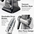 Cheese Grater Hand Crank Rotary Vegetables Shredder with Handle, 3-in-1 Graters with Interchangeable Blades and Strong Suction Base Multifunctional Slicer for Kitchen