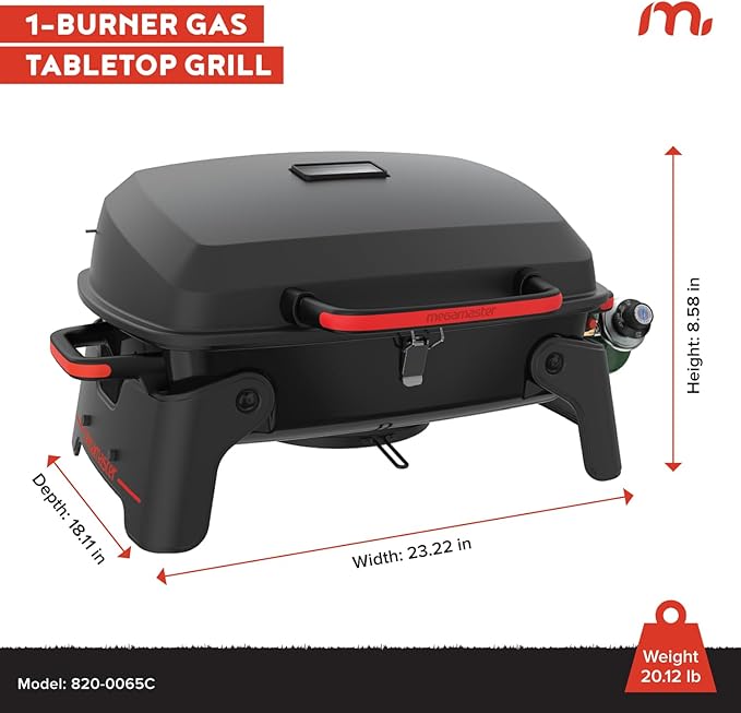 Megamaster 820-0065C 1 Burner Portable Gas Grill for Camping, Outdoor Cooking , Outdoor Kitchen, Patio, Garden, Barbecue with Two Foldable legs, Red + Black