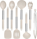 TeamFar Kitchen Utensils Set of 8, Silicone Utensils Kitchen Tools Set with Stainless Steel Handle, for Frying Serving Flipping Draining, Non-toxic & Heatproof, Nonstick & Dishwasher Safe - Khaki