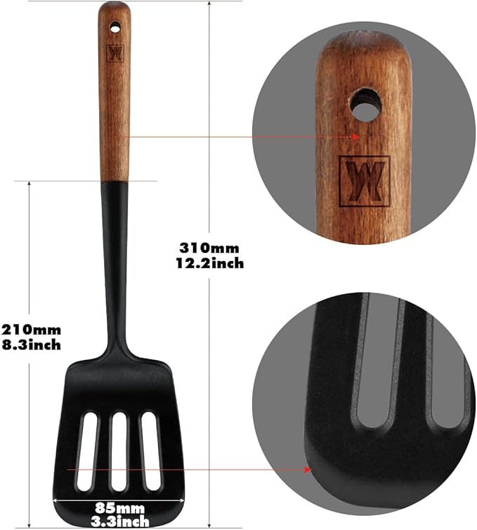 Silicone Head cooking & Serving Spoon + Slotted Spatula Set: Cookling Utensil with Long Wooden Handles, Heat Resistant Cookware, Protects Surfaces with Gentle Head Design