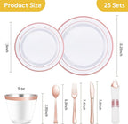 Goodluck 175 Piece Rose Gold Plastic Dinnerware Set for 25 Guests, Fancy Disposable Plates for Party, Include: 25 Dinner Plates, 25 Dessert Plates, 25 Pre Rolled Napkins with Silverware, 25 Cups
