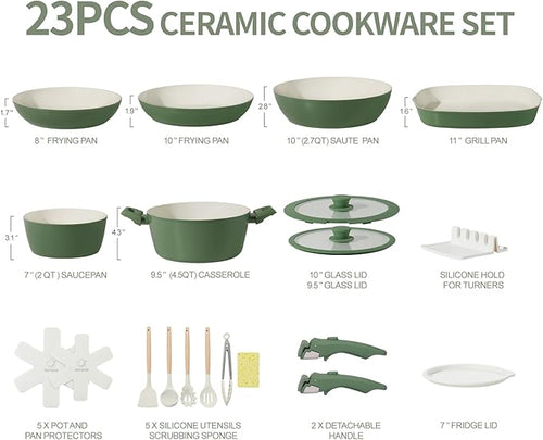 23pcs Ceramic Pots and Pans Set, Nonstick Detachable Handle Cookware, Induction Kitchen Cooking Set with Removable Handle,include Frying Pans & Saucepans Oven Safe(Green)