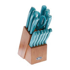 Oster Evansville 14 Piece Stainless Steel Cutting Kitchen Knife Cutlery Set with Wooden Block Holder and Knife Sharpener, Turquoise