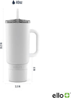 Ello Port 40oz Tumbler with Carry Loop & Integrated Handle, Vacuum Insulated Stainless Steel Reusable Water Bottle, Travel Mug with Leak Proof Lid & Straw, Perfect for Iced Coffee & Tea, White