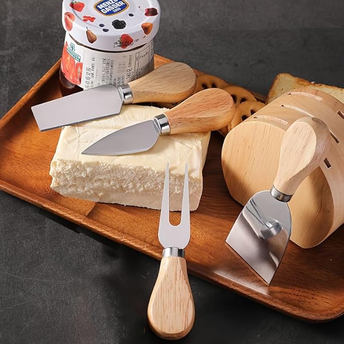 Mini Cheese Knife Set with wood Handle - Stainless Steel Charcuterie Knife Set with 4 Fruit Forks & 4 Small Spoons - Compact Cheese Cutter Set for Charcuterie Boards