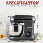 CUSIMAX Stand Mixer, Dough Mixer with Digital Switch Control Timer 15mins & 8-Speed, 5-Quart 650W kitchen Electric Mixer, Tilt-Head with handle, Dough Hook, Wire Whip & Beater, Grey