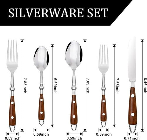 20-Piece Silverware Set Service for 4 with Two Rivets, Vintage Flatware Set, Stainless Steel Cutlery Set with Wood Grain Bakelite Handle,Dishwasher Safe, Light Brown Color