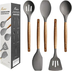Kitchen Utensils Set, Silicone Cooking Utensils Set,Non-Stick Silicone Spatula Set with Natural Acacia Hard Wood Handle, 5 Piece, Upgraded Thickened Cookware