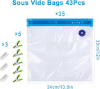 Reusable Sous Vide Bags 43Pcs BPA-Free, 4.3L Vacuum Sealer Bags for Cooking & Microwave, 35 Zipper Bags, 3 Seal Clips ＆ 5 Cooking Clips, Heat-Resistant & Leakproof (12x13.5in)