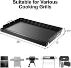 YORKING 25" x 16" Nonstick Coating Griddle Flat Top Grill Plate, Carbon Steel Griddle Plate with Grease Groove and Removable Handles for BBQ Charcoal/Gas Grills, Parties, Indoor/Outdoor Cooking