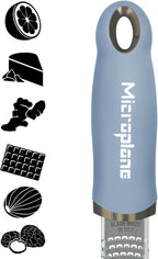 Microplane Zester Grater in Sky Blue for Citrus Fruits, Hard Cheese, Ginger, Chocolate and Nutmeg with Fine Stainless Steel Blade - Made in USA