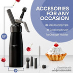 Professional Cream Whipper – 500ml Aluminum Cream Dispenser with Silicone Grip – Durable Cream Maker with 6 Decorating Nozzles & 2 Cleaning Brushes