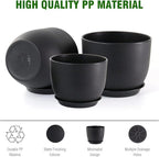12/10/9 Large Modern Plant Pots, Plastic Planters with Drainage Holes and Saucers for Indoor Outdoor Plants Flowers, Black