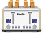 Toaster 4 Slice, KitchMix Bagel Stainless Toaster with LCD Timer, Extra Wide Slots, Dual Screen, Removal Crumb Tray (Cream)