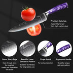 8-Piece Premium Japanese Kitchen Knife Set - Imperial Collection, Laser Damascus Pattern, 440A Stainless Steel Ultra Sharp for Fast Cutting (Purple 8J)