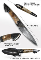 Dalstrong Paring Knife With Cover- 4”-Scorpion Series - Venom Edition - Japanese Steel Chef Knife - Spiral Sandstorm Blade Pattern - Black Honeycomb Resin Handle - w/Leather Sheath