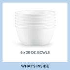 Corelle Vitrelle 28-oz Soup/Cereal Bowls Set of 6 Chip & Crack Resistant Dinnerware Bowls for Soup, Ramen, Cereal and More, Triple Layer Glass, Winter Frost White
