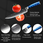 8-Piece Premium Japanese Kitchen Knife Set - Imperial Collection, Laser Damascus Pattern, 440A Stainless Steel Ultra Sharp for Fast Cutting (Blue 8J)