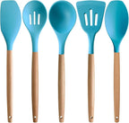 Silicone Kitchen Cooking Utensils Set, 5-Piece Non-Stick Silicone Kitchen Utensils Spatula Serving Spoons Turner Ladle Set w Wooden Handle Heat Resistant Cooking Gadgets for Nonstick Cookware