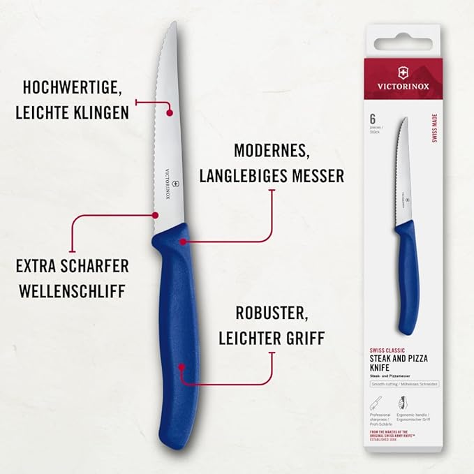 Victorinox 6.7232.6 Swiss Classic Steak Knife Set Ideal for Slicing a Wide Variety of Steak Cuts Wavy Edge Blade in Blue, Set of 6