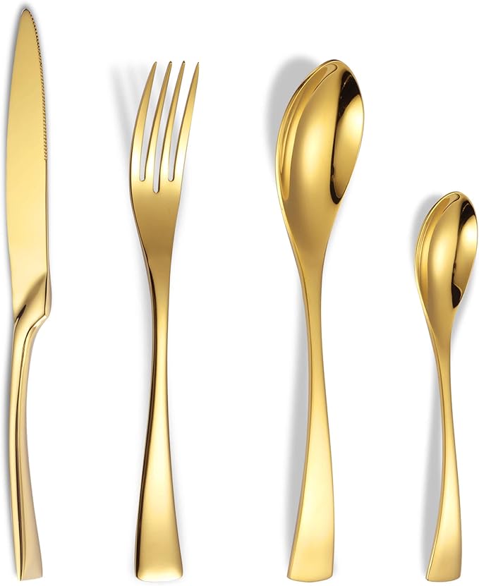 Lemeya 24-Piece Gold Silverware Set for 6,Heavy Duty 18/10 Stainless Steel Cutlery Set with Forged Stand Knife,Modern Flatware Utensils Set,Forks Spoons and Knives Set,Mirror Polished,Dishwasher Safe