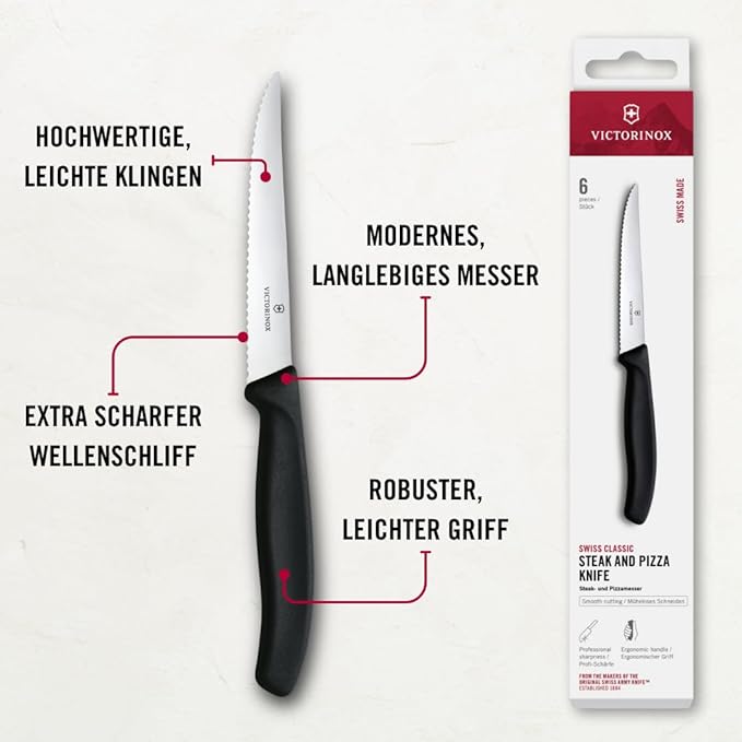 Victorinox 6.7233.6 Swiss Classic Steak Knife Set Ideal for Slicing a Wide Variety of Steak Cuts Serrated Blade in Black, Set of 6