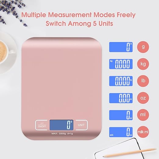 Digital Shipping Scale,Stainless Steel Panel, Accurate 5kg/1g Portable Postal Scale for Packages, Small Business,Kitchen, Food, Handmade, Liquids, and Boutique (Rose Gold)