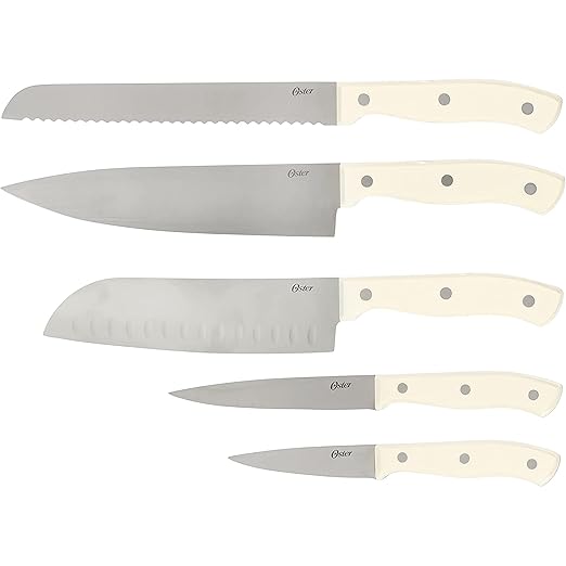 Oster Evansville 14 Piece Cutlery Kitchen Knife Block Set, Stainless Steel w/Linen White Handles - Cuchillos Para Cocina