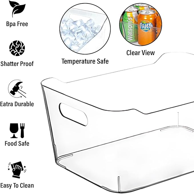 Clear Plastic Storage Bins with Labels and Marker, Perfect for Kitchen Organization or Pantry Organization and Storage, Medium Fridge Organizer and Cabinet Organizers Storage Bins