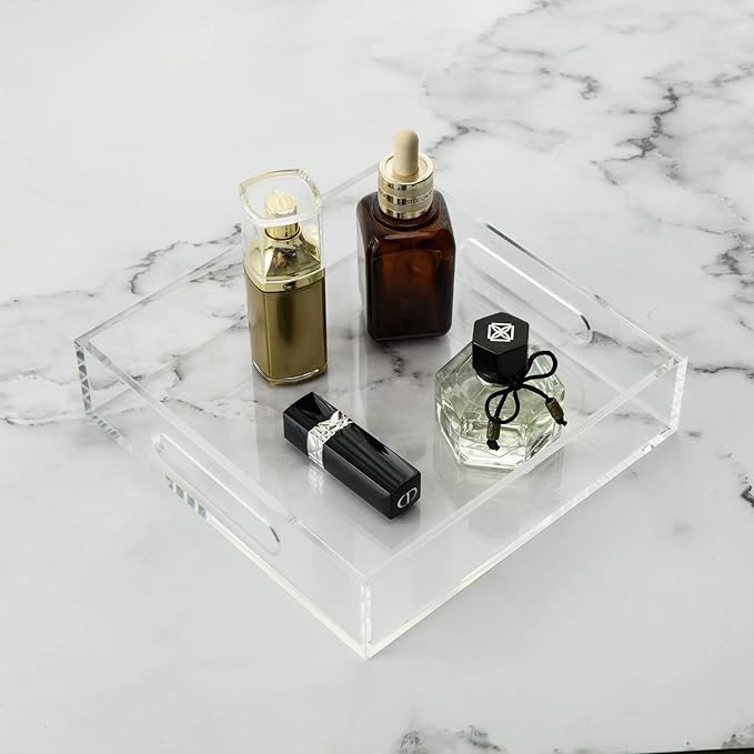 Clear Sturdy Acrylic Tray with Handles-8"x8"x2"H-Countertop Organizer Tray for Kitchen,Bathroom,Office- Storage Box for Cosmetics, Jewelry,Toiletries,Toy,Gadgets