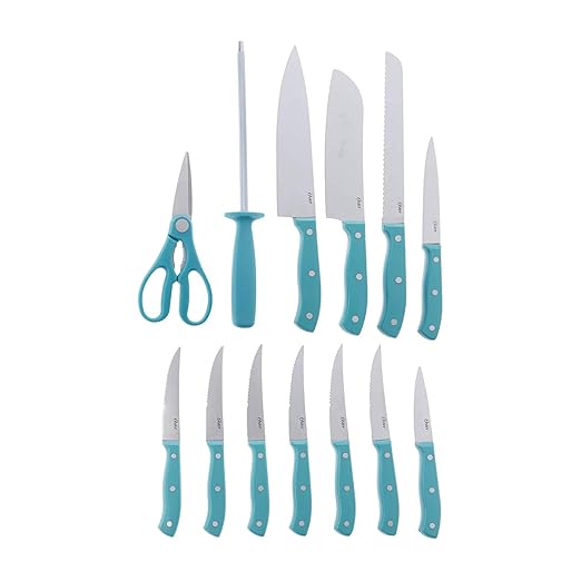 Oster Evansville 14 Piece Stainless Steel Cutting Kitchen Knife Cutlery Set with Wooden Block Holder and Knife Sharpener, Turquoise