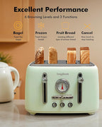 LONGDEEM Retro 4-Slice Toaster 1.6" Wide Slots - 6 Toast Settings with Bagel Function, Stainless Steel Body, Defrost/Cancel Button & Crumb Tray, Vintage Green