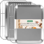 18/0 Stainless Steel Baking Sheet with Cooling Rack, Oven-Safe Non-Toxic Cookie Sheets for Baking, Set of 4, Coating Free & Rust Resistant for Healthy Family Baking, Easy to Clean, Heavy-Duty