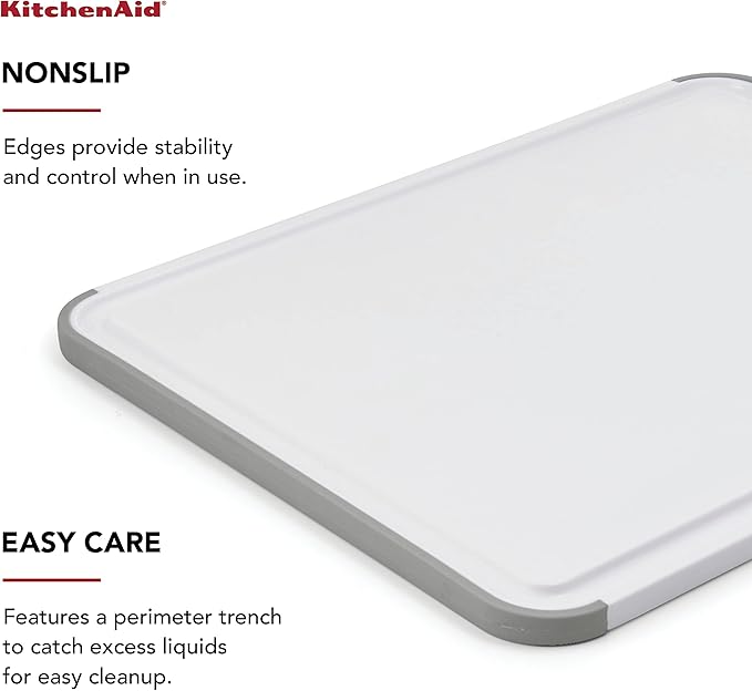 KitchenAid Classic Cutting Board with Perimeter Trench and Non Slip Edges, Dishwasher Safe, 11 inch x 14 inch, White and Gray
